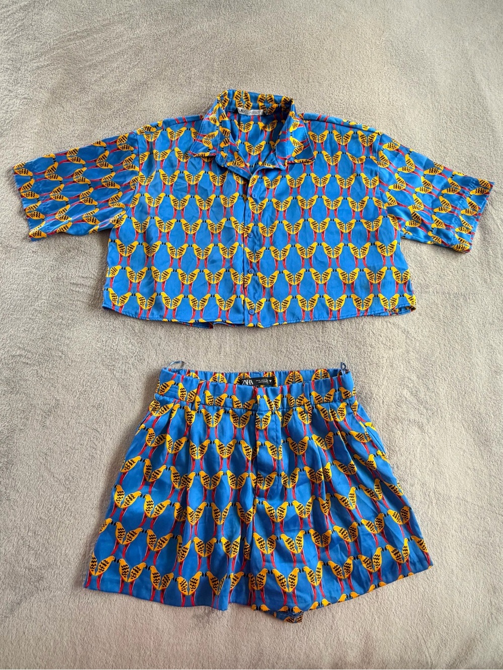 Zara Blue & Yellow Print Shirt and Shorts Set Size S M